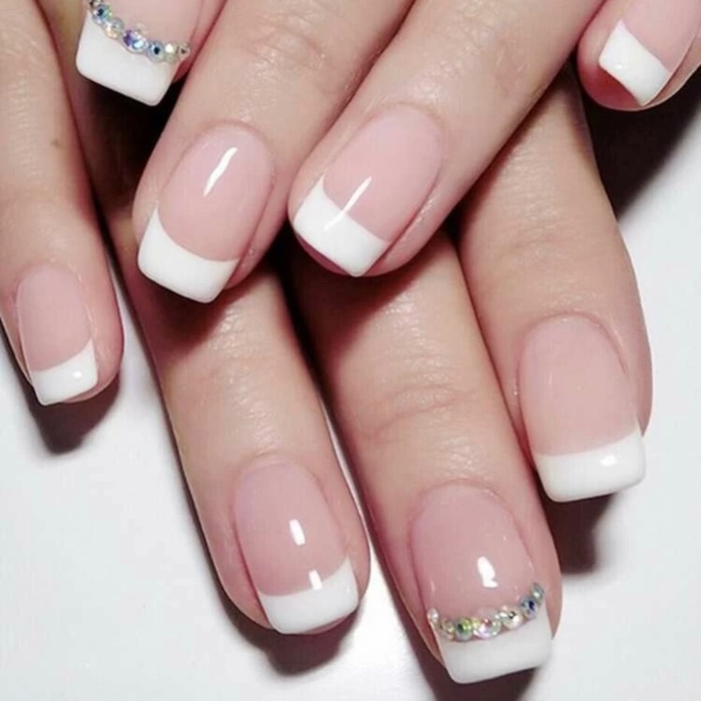 24 pieces French manicure press on nails with rhinestones
